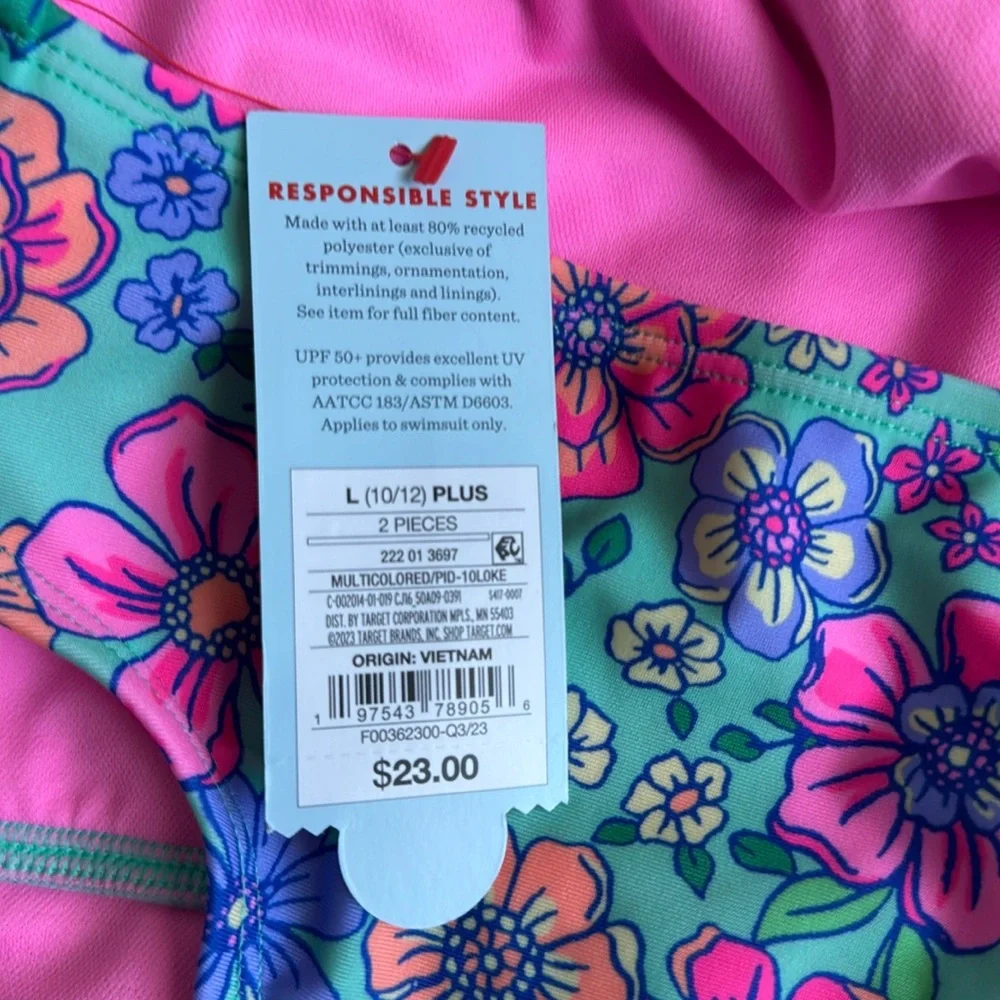 NWT Cat‎ & Jack Girl’s Gingham Floral Cut Out Swimsuit Set - Size: L 10/12 PLUS